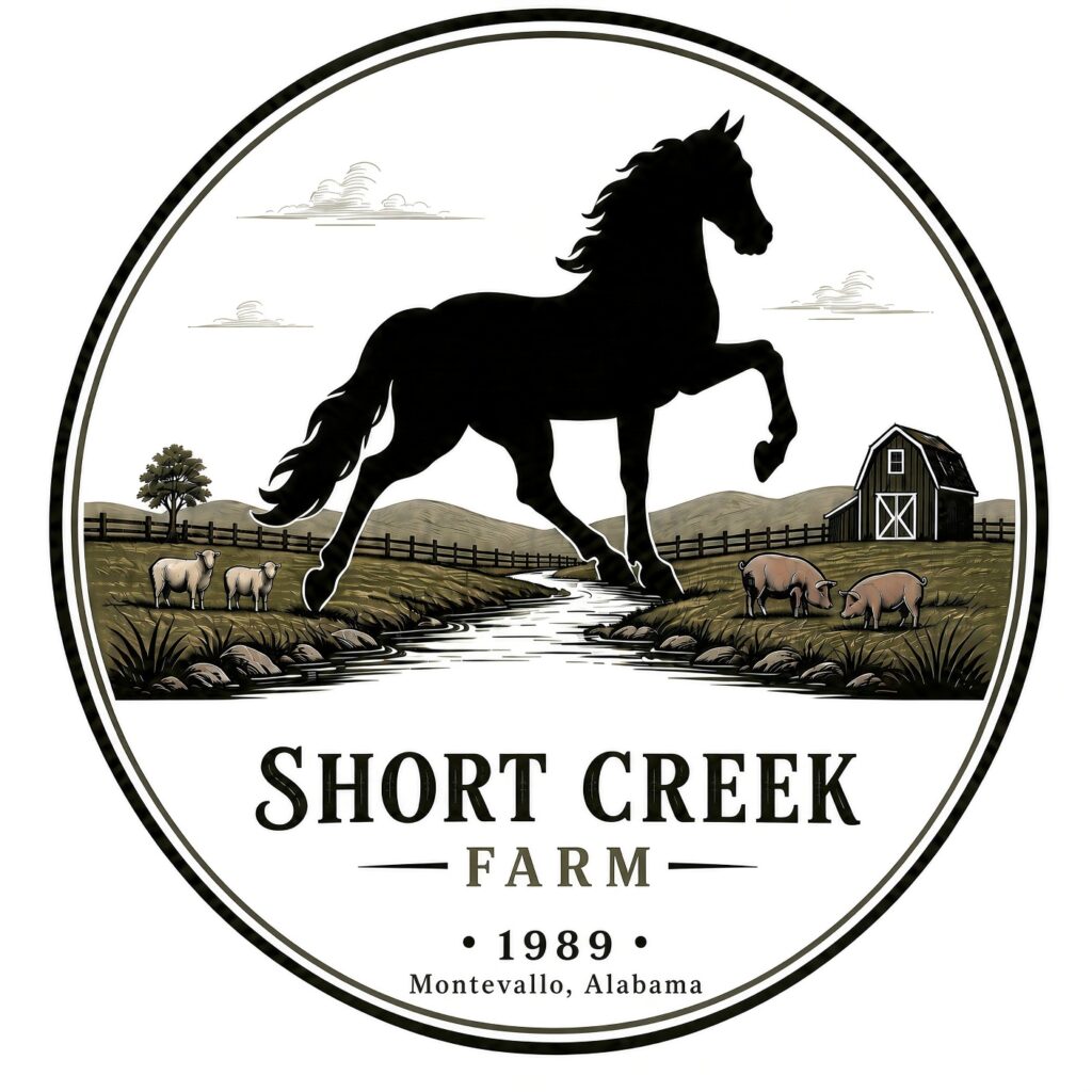 Short Creek Farm logo – Tennessee Walking Horses, sheep and pigs, Montevallo, Alabama, since 1989